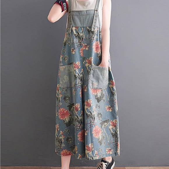 Floral Denim Overalls - Picture 2 of 5